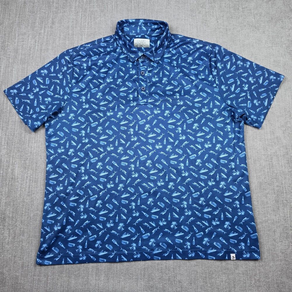 Ocean Coast Mens Golf Polo Shirt XL Blue Marlin Fish Palm Tree Boats Tropical